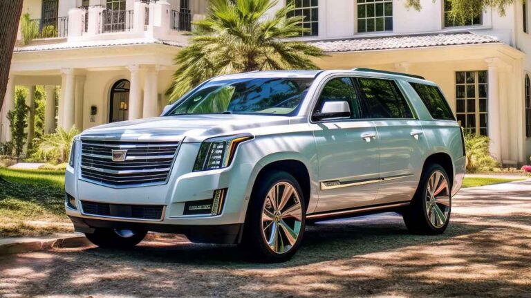 White Cadillac Escalade ESV with full ceramic coating parked in upscale Alamo Heights neighborhood showcasing luxury and premium automotive detailing.